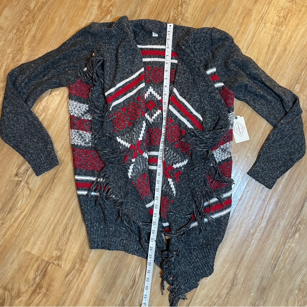 St Johns Bay Cardigan Sweater Gray  Red White Aztec Open Front, Fringe ,XL, NWT - Picture 12 of 12
